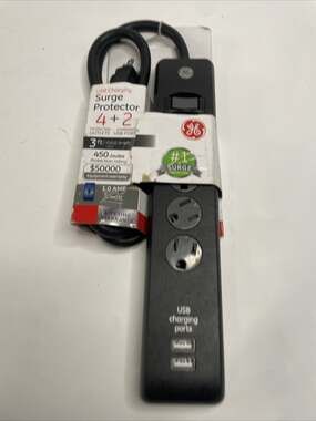 GE 3 ft. Extension Cord Black 4-Outlet 2-USB Charging Port Surge Protector